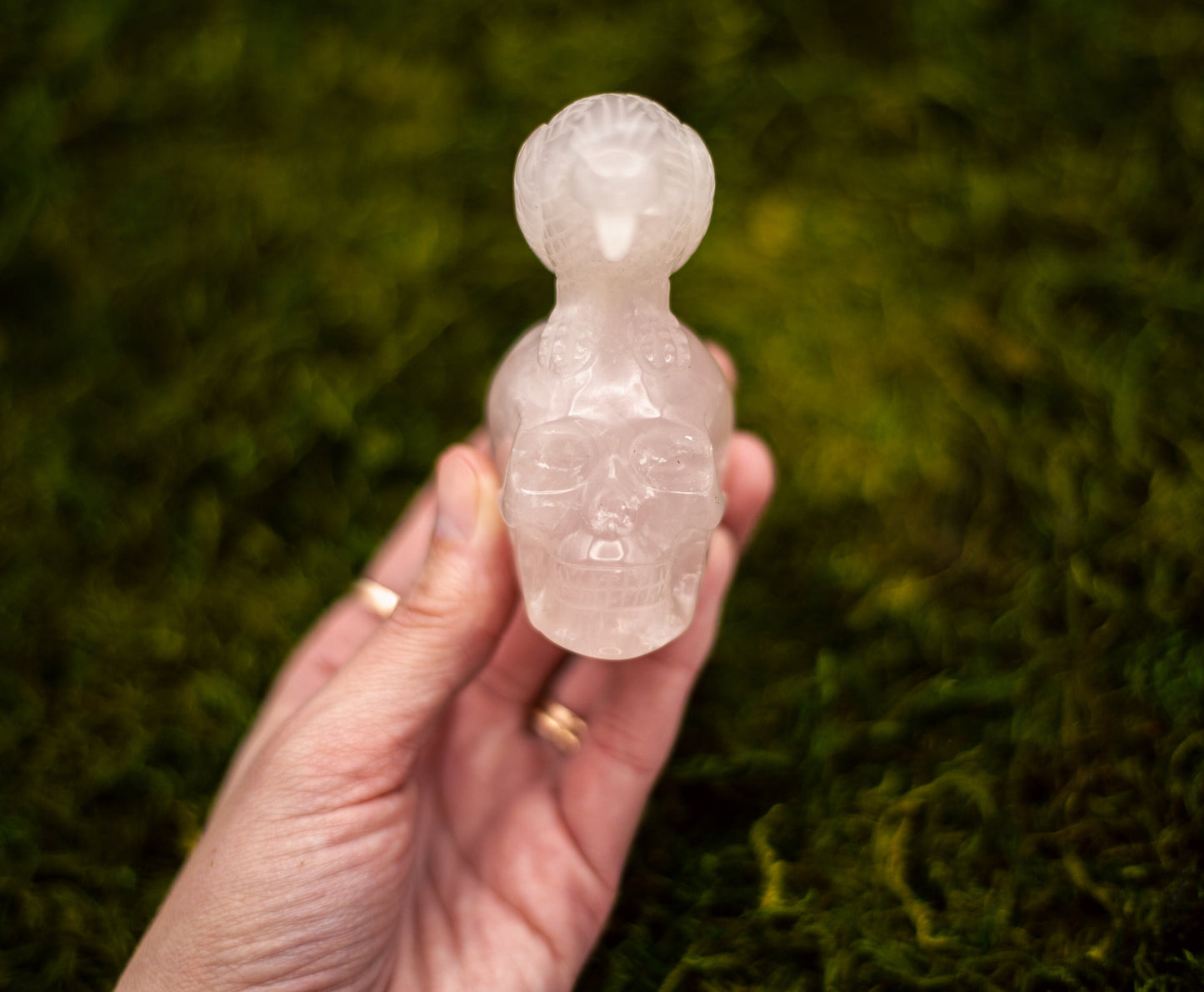 Natural Rose Quartz Skull with Bird Carving | High Quality Rose Quartz Skull with Eagle/Raven
