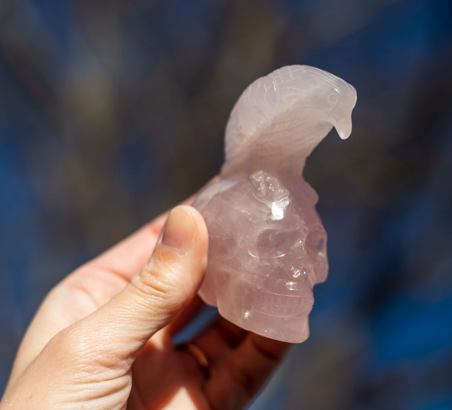 Natural Rose Quartz Skull with Bird Carving | High Quality Rose Quartz Skull with Eagle/Raven