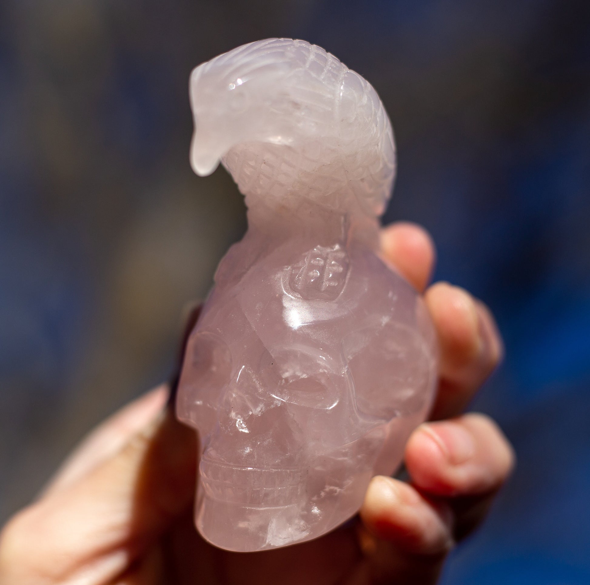 Natural Rose Quartz Skull with Bird Carving | High Quality Rose Quartz Skull with Eagle/Raven