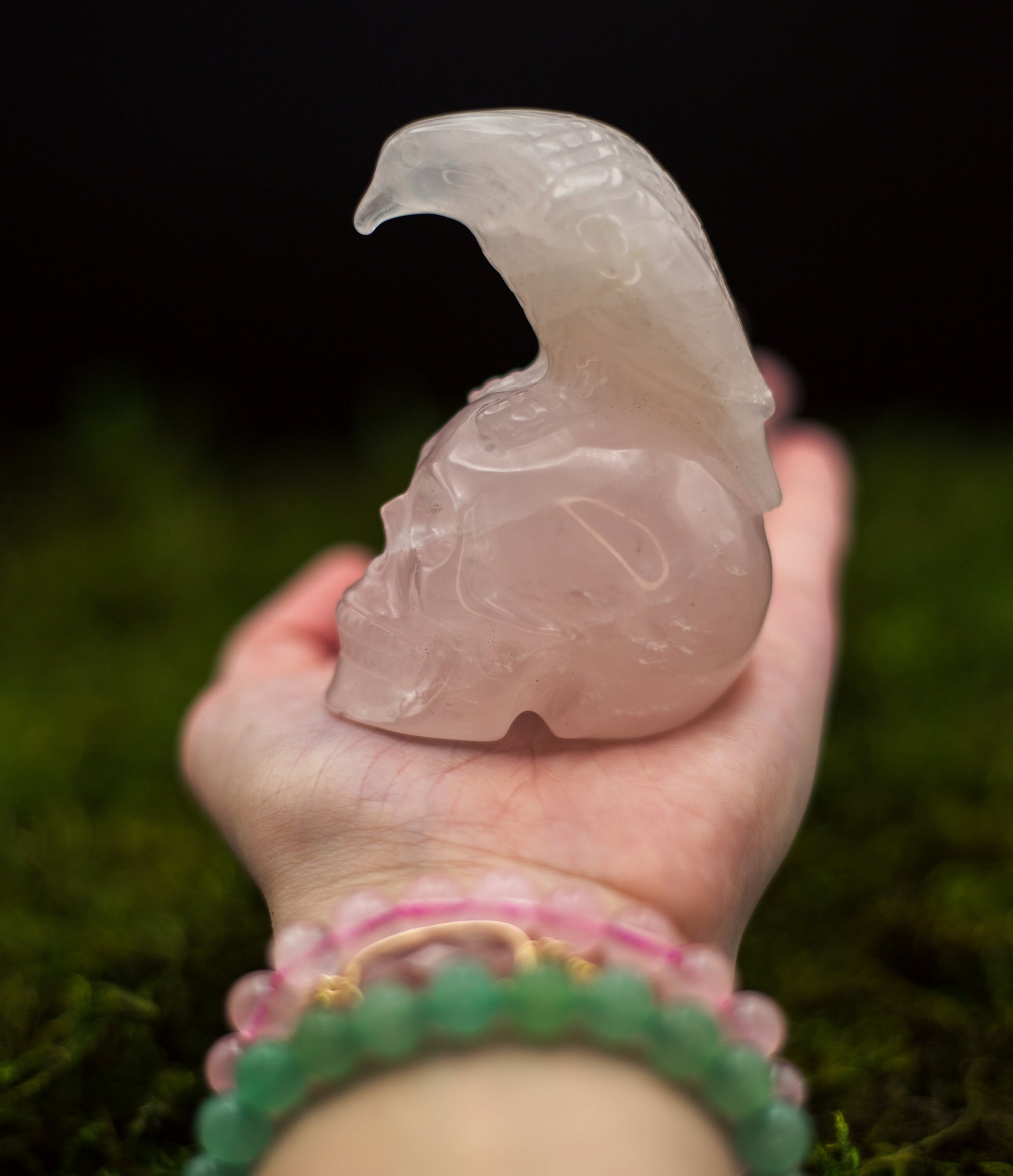 Natural Rose Quartz Skull with Bird Carving | High Quality Rose Quartz Skull with Eagle/Raven