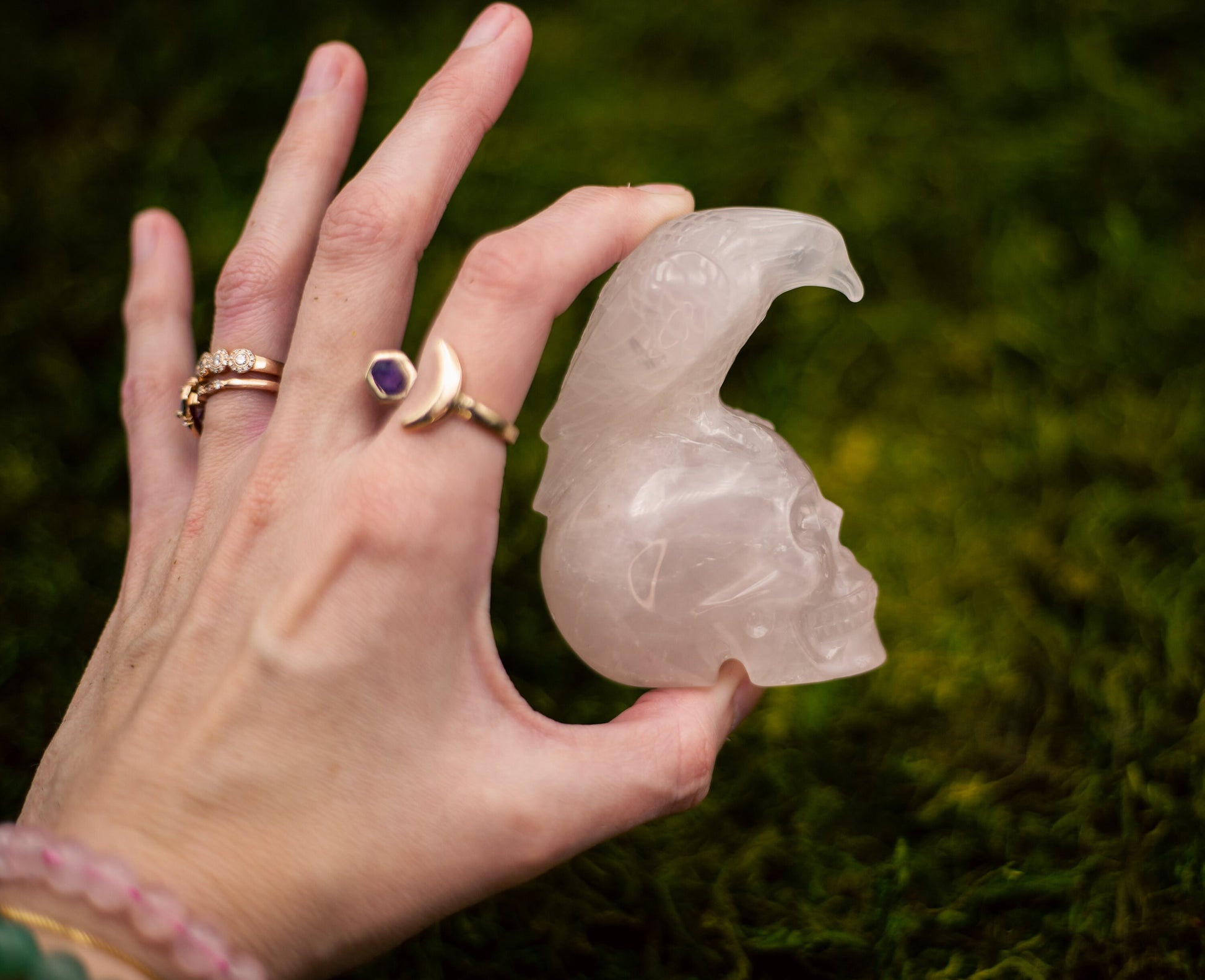 Natural Rose Quartz Skull with Bird Carving | High Quality Rose Quartz Skull with Eagle/Raven