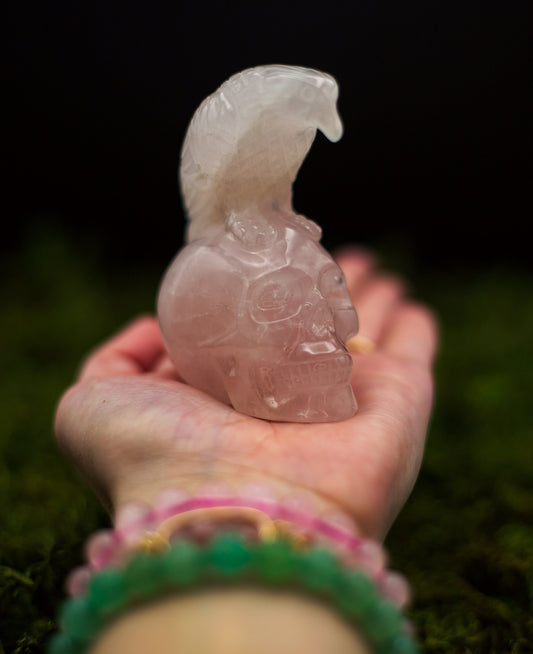 Natural Rose Quartz Skull with Bird Carving | High Quality Rose Quartz Skull with Eagle/Raven