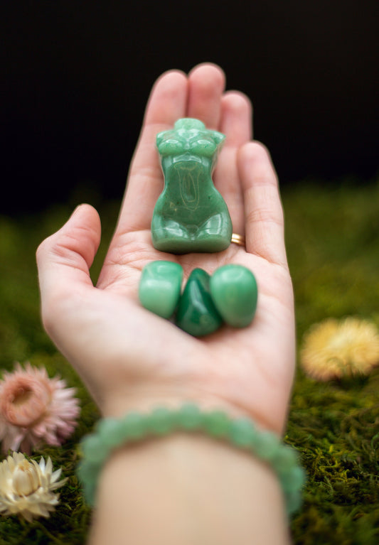 Green Aventurine Bundle | Good Fortune Set | Goddess + Bracelet + Tumbles | 5 piece set