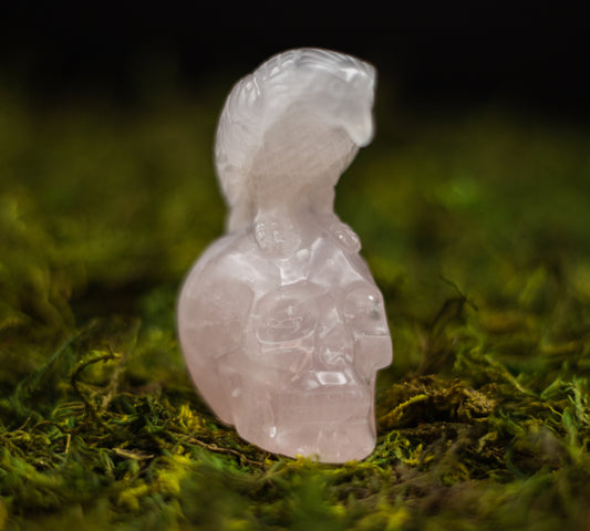 Natural Rose Quartz Skull with Bird Carving | High Quality Rose Quartz Skull with Eagle/Raven