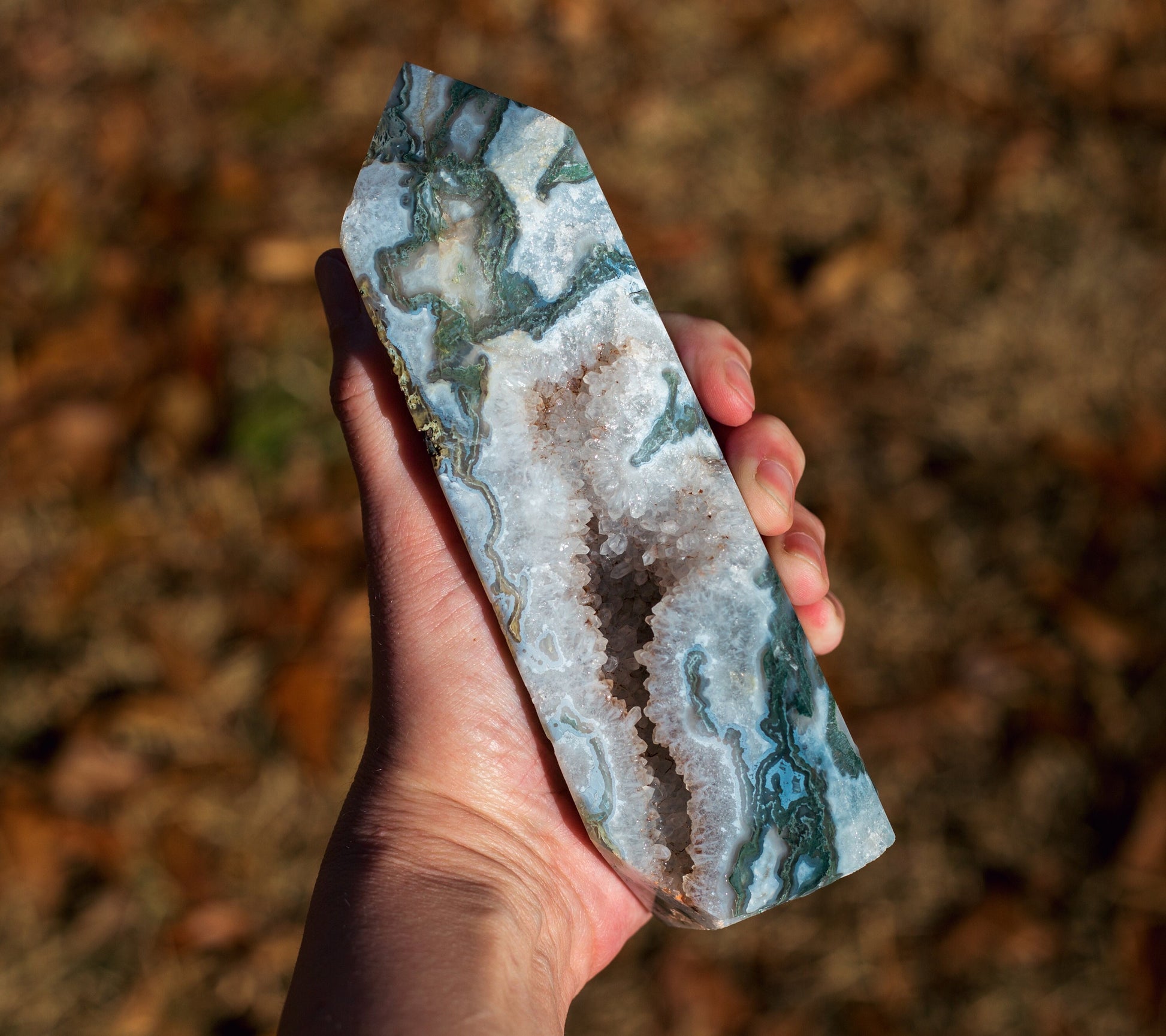 Large Druzy Moss Agate Tower | Polished Point