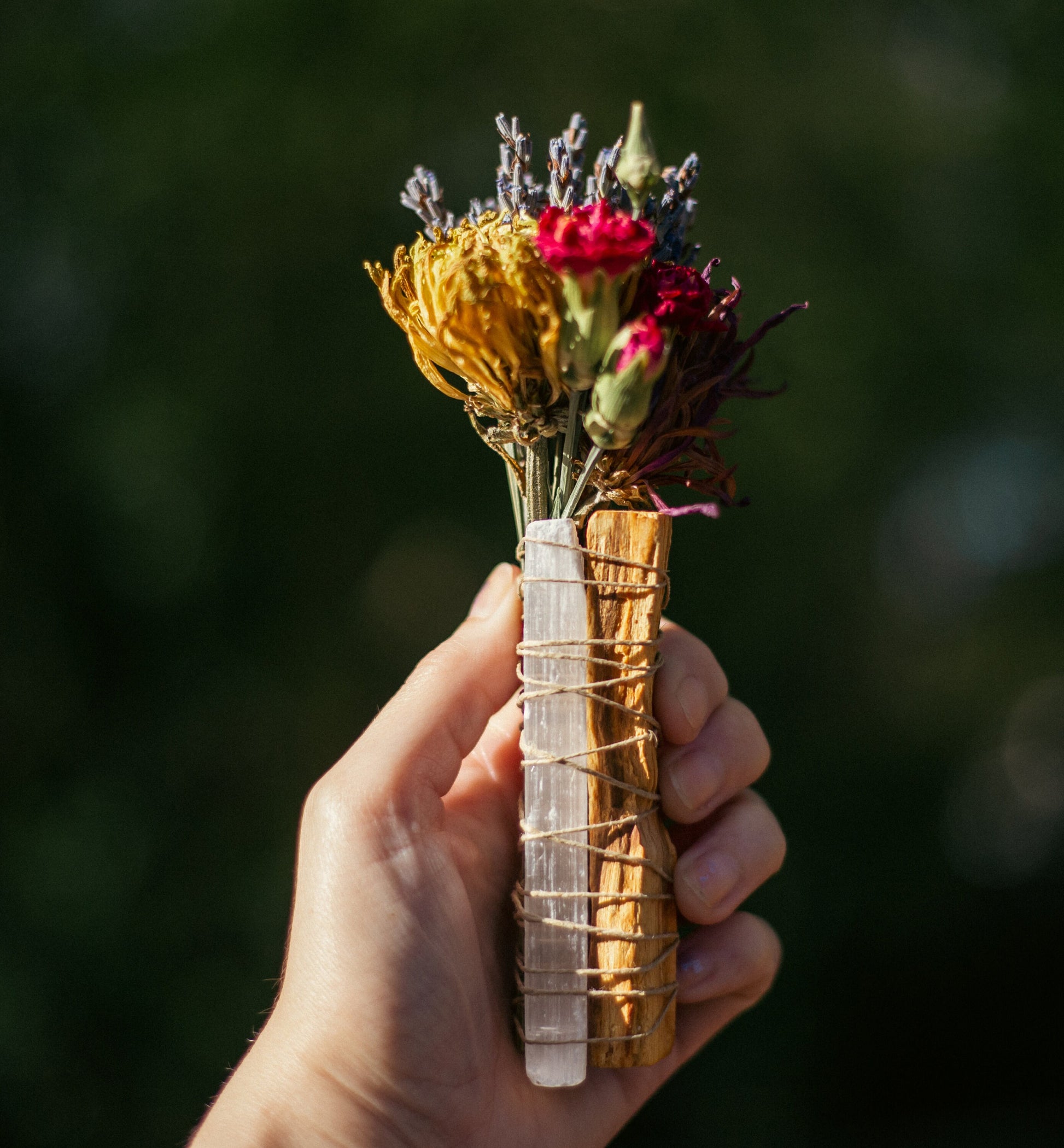 Selenite Floral Wand | Palo Santo, Lavender | Sacred Smoke Cleansing Wand | Botanical Burn Bundle | Dry Flowers | White Sage Alternative