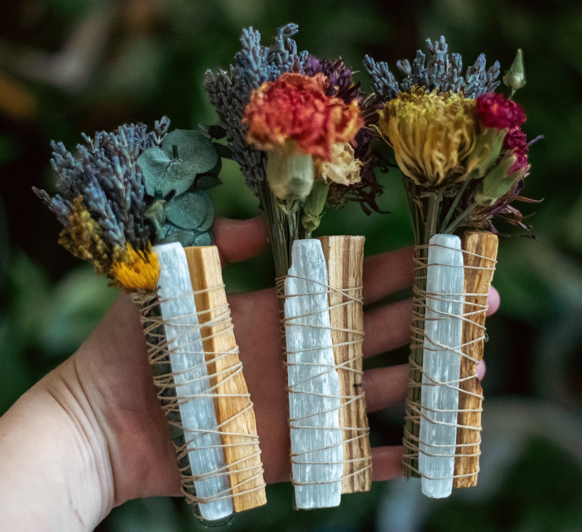 Selenite Floral Wand | Palo Santo, Lavender | Sacred Smoke Cleansing Wand | Botanical Burn Bundle | Dry Flowers | White Sage Alternative